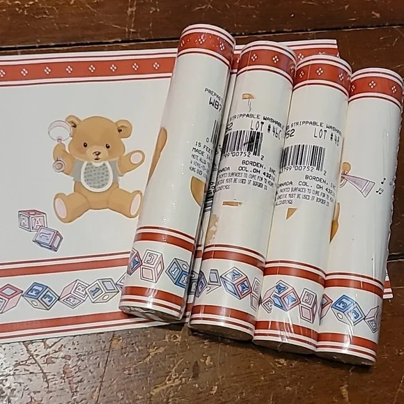 Vintage Borden Wallpaper Border Lot of 5 WB752 15 Feet Each Baby Teddy Bear